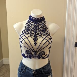 Juliet white with blue beading lace crop top size S